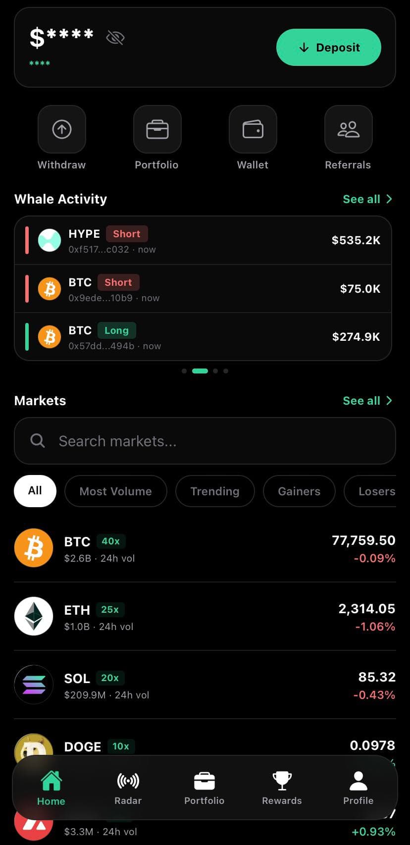 Perpy Home Screen - Markets and whale activity